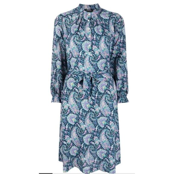 NWT A.P.C. Dress Women's Blue Paisley Print Belted Shirtdress Size 40 Medium - Picture 4 of 12